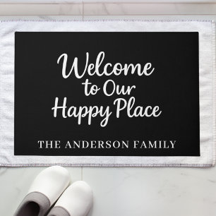 Black white welcome happy place family doormat