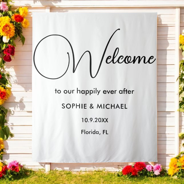 Black White Welcome Wedding Photo Prop Backdrop Tapestry (Creator Uploaded)