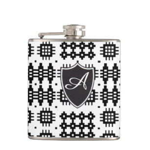 Black, White Welsh Tapestry Monogram Hip Flask
