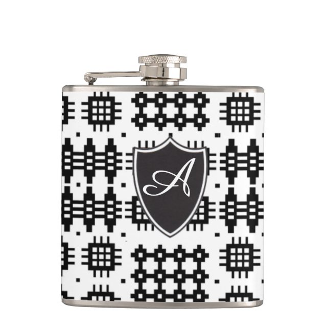 Black, White Welsh Tapestry Monogram Hip Flask (Front)
