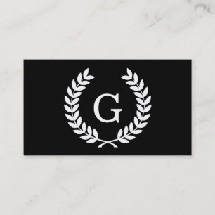 Black White Wheat Laurel Wreath Initial Monogram Business Card