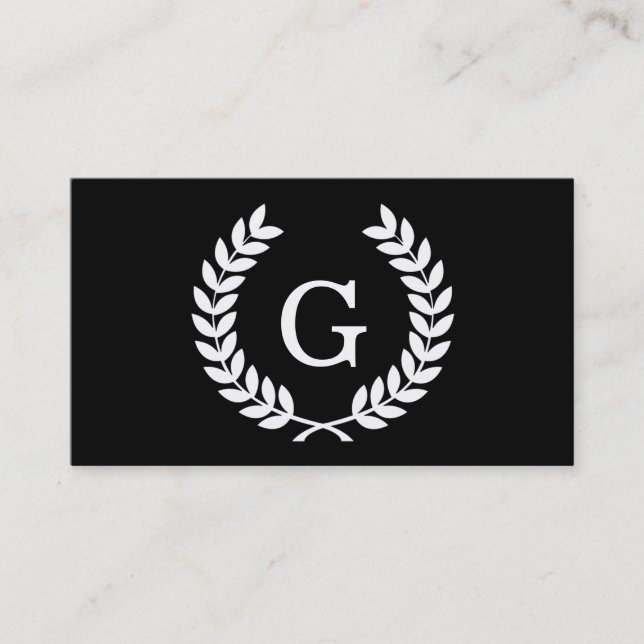 Black White Wheat Laurel Wreath Initial Monogram Business Card (Front)