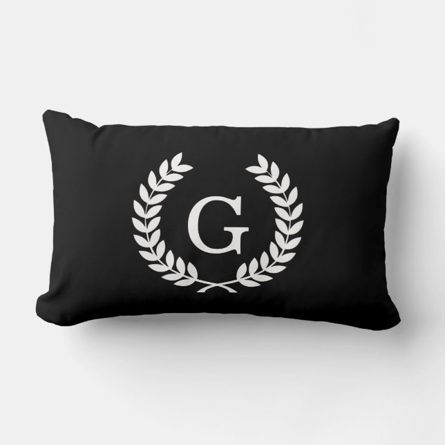 Black White Wheat Laurel Wreath Initial Monogram Lumbar Cushion (Front)