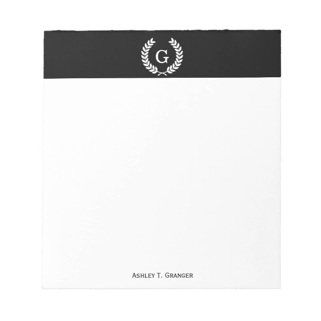 Black White Wheat Laurel Wreath Initial Monogram Notepad (Front)