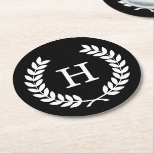 Black White Wheat Laurel Wreath Initial Monogram Round Paper Coaster
