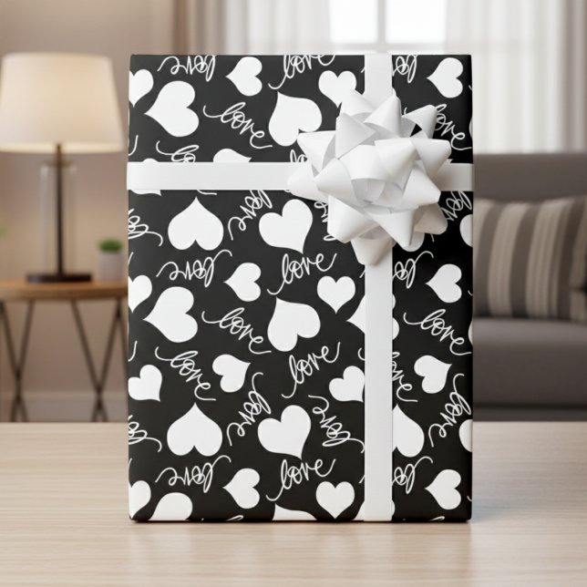 Black & White Whimsical Cursive Love & Hearts Wrapping Paper (Black & White Whimsical Cursive Love & Hearts Wrapping Paper)