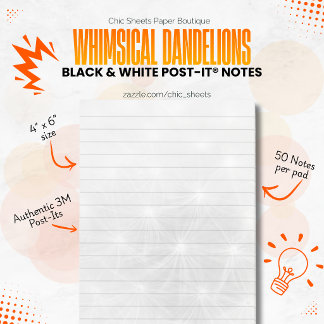 Black & White Whimsical Dandelions 3M Post-it Notes