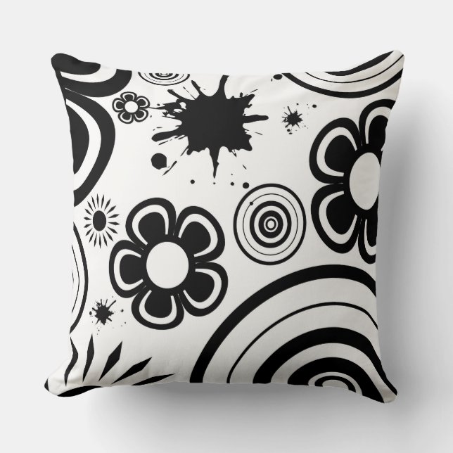 Black & White Whimsical Flowers, Circles, Splatter Cushion (Front)