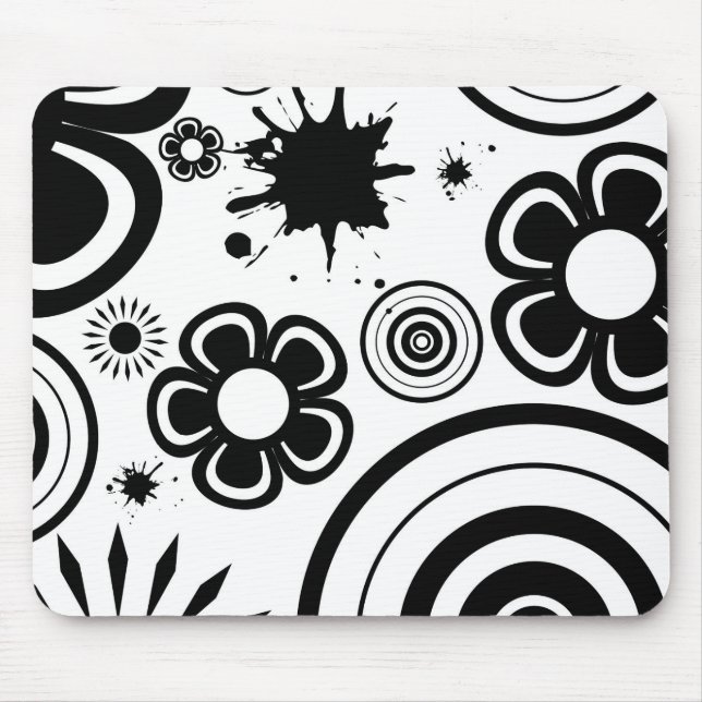 Black & White Whimsical Flowers, Circles, Splatter Mouse Pad (Front)