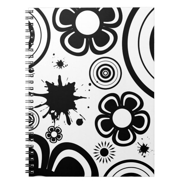 Black & White Whimsical Flowers, Circles, Splatter Notebook (Front)