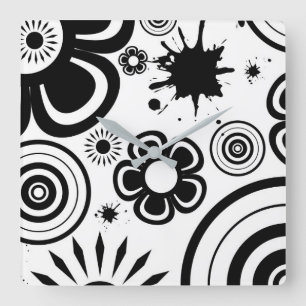 Black & White Whimsical Flowers, Circles, Splatter Square Wall Clock