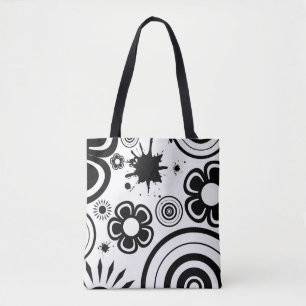 Black & White Whimsical Flowers, Circles, Splatter Tote Bag