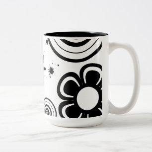 Black & White Whimsical Flowers, Circles, Splatter Two-Tone Coffee Mug