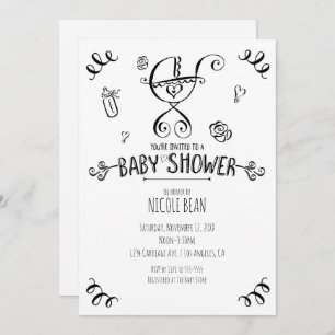 Black & White Whimsical Stroller Baby Shower Invitation