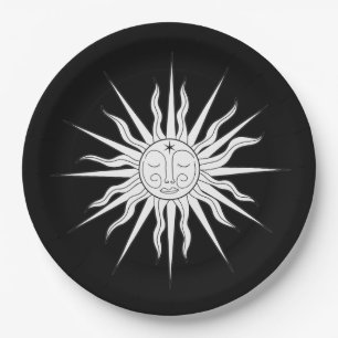 Black & White Whimsical Sun Birthday Paper Plate