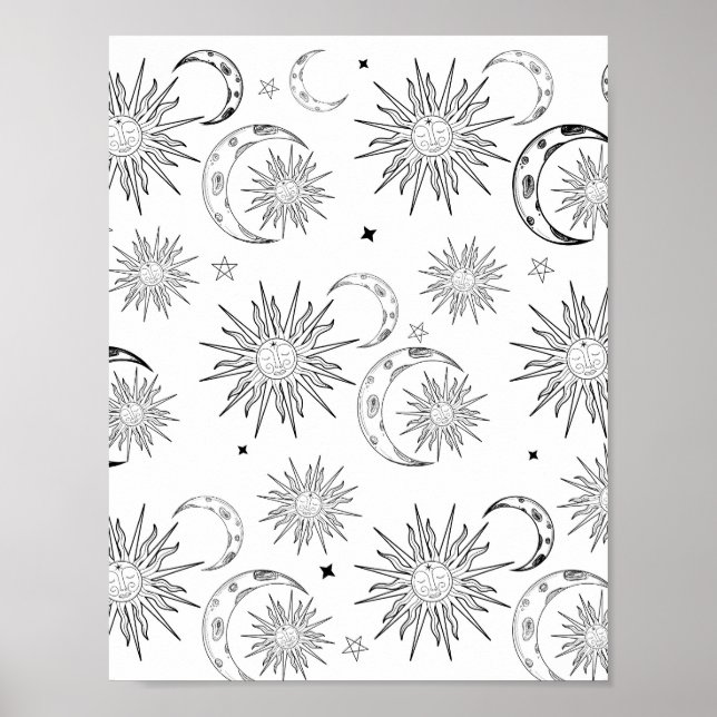 Black & White Whimsical Sun Celestial Astrology Poster (Front)
