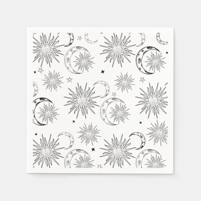 Black & White Whimsical Sun Celestial Birthday Napkin (Front)