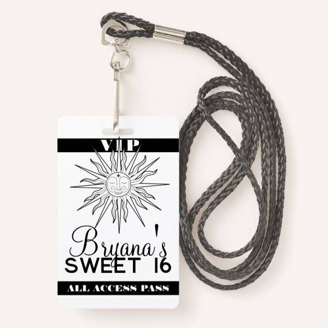 Black White Whimsical Sun Celestial Birthday VIP  ID Badge (Front with Lanyard)