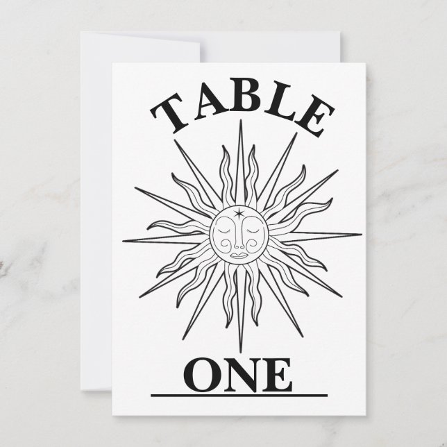 Black & White Whimsical Sun Celestial Table Number (Front)