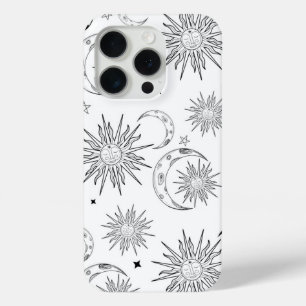 Black & White Whimsical Sun Moon & Stars iPhone 15 Pro Case