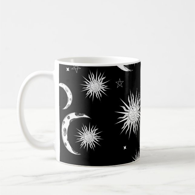 Black & White Whimsical Sun Moon & Stars Coffee Mug (Left)