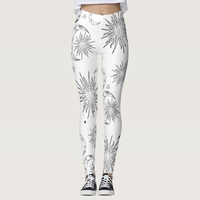 Black & White Whimsical Sun Moon & Stars Leggings (Front)