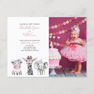 Black White Wild One Girl's First Birthday Photo Invitation Postcard