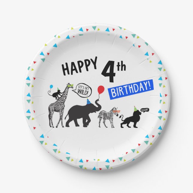 Black White Wild Party Animal Birthday 7" Paper Plate (Front)