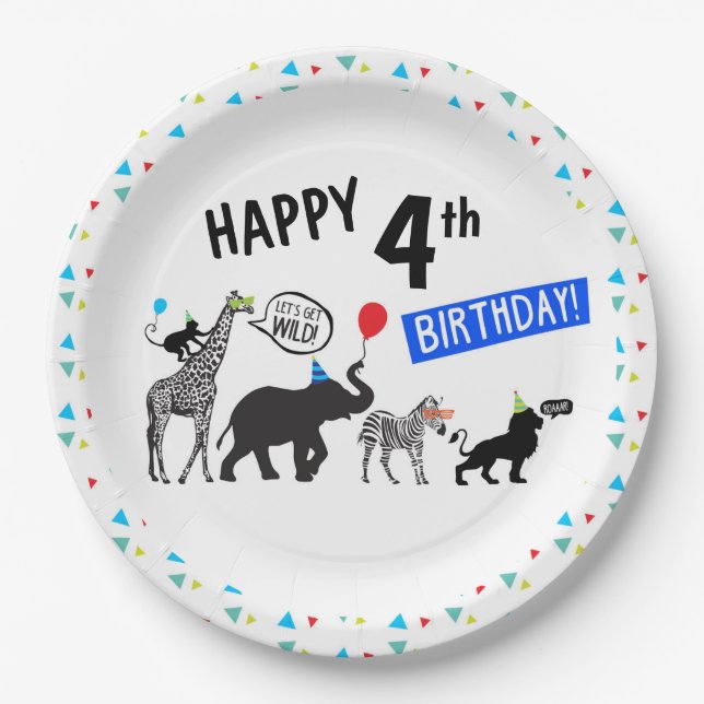 Black White Wild Party Animal Birthday 9" Paper Plate (Front)