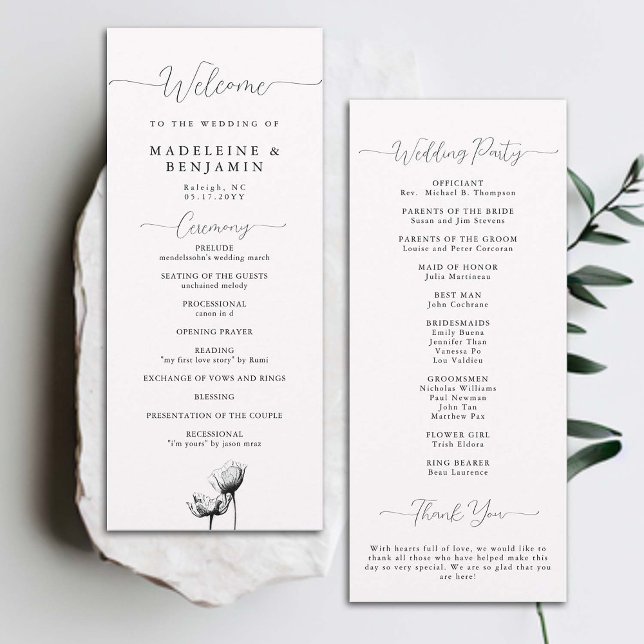 Black White Wild Poppies Elegant Wedding Program (wedding ceremony program black white floral winter fall summer wild mountain poppies elegant formal )