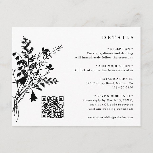 Black & White Wildflower Bouquet Wedding Details Enclosure Card (Front)