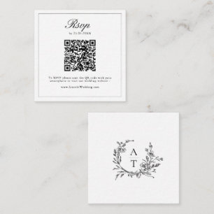 Black White Wildflower Crest Wedding QR Code RSVP  Enclosure Card