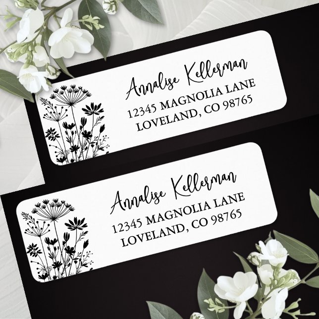 Black White Wildflower Return Address Label (Black White Wildflower Return Address Label )