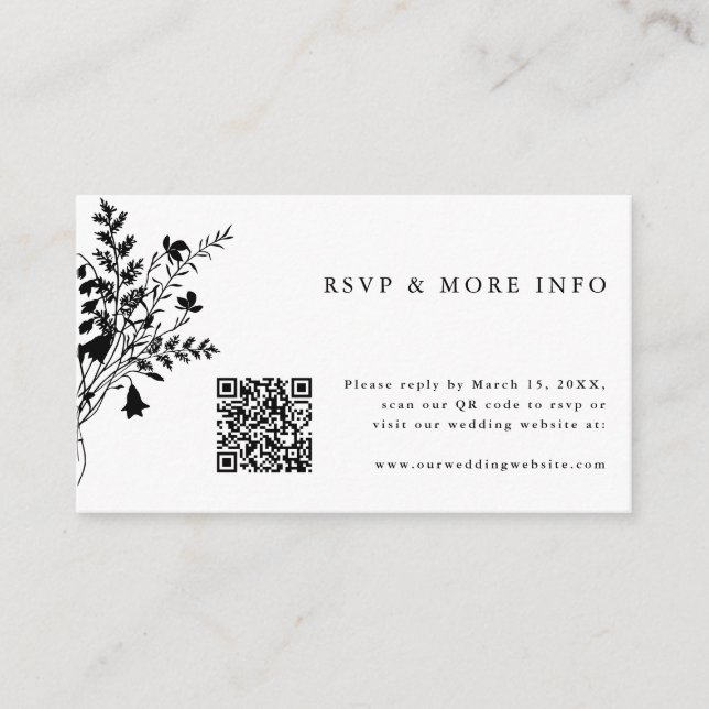 Black & White Wildflower Wedding RSVP Enclosure Card (Front)