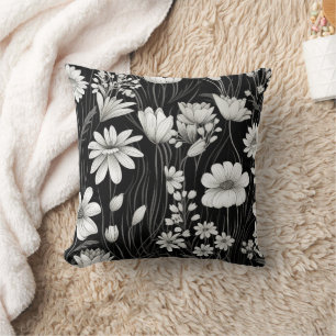 Black White Wildflowers Leaves Botanical Cushion