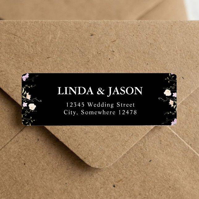Black & White Wildflowers Wedding Return Address Label (Black and white wildflower address labels bring timeless elegance to wedding envelopes.)