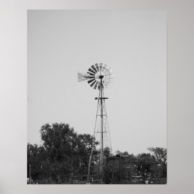 Black & White Windmill in a Texas Field 16x20 Poster (Front)