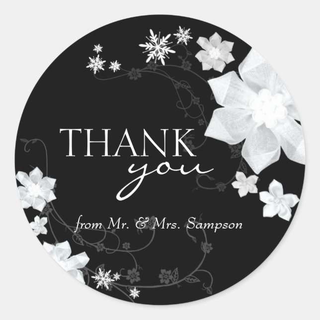 Black White Winter Floral Wedding Thank You Classic Round Sticker (Front)
