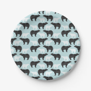 Black White Winter Forest Bear Paper Plate