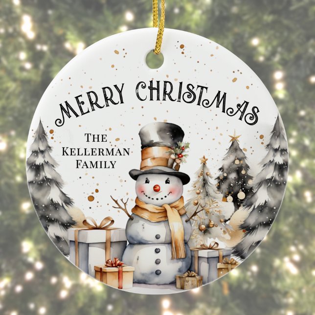 Black White Winter Merry Christmas Ceramic Ornament (Black White Winter Snowman Merry Christmas Ceramic Ornament )