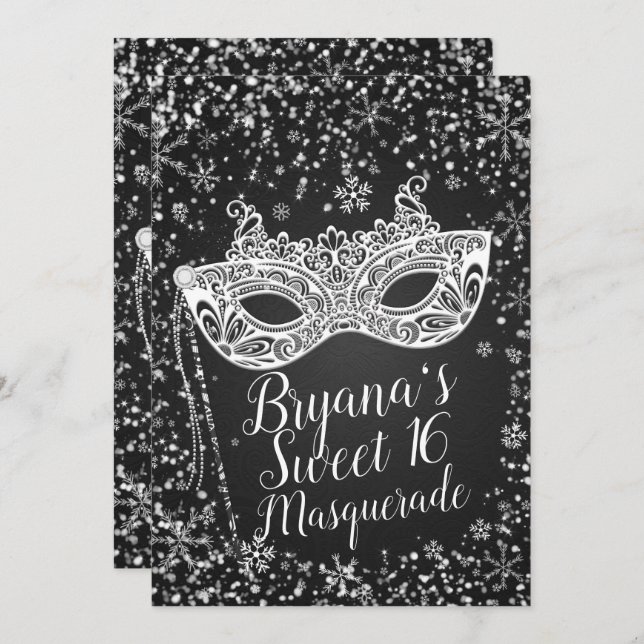 Black White Winter Wonderland Masquerade Sweet 16 Invitation (Front/Back)