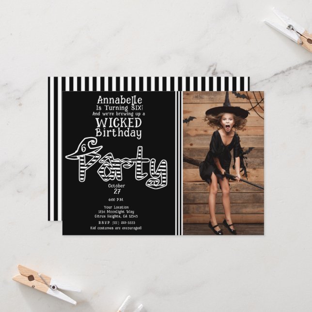 Black White Witch Halloween Birthday Party Invitation (Front/Back In Situ)