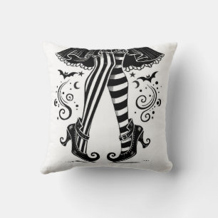 Black & White Witch Legs Whimsical Halloween Party Cushion