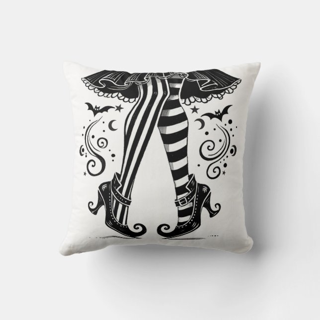 Black & White Witch Legs Whimsical Halloween Party Cushion (Back)