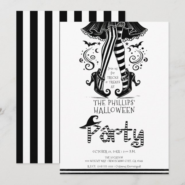 Black & White Witch Legs Whimsical Halloween Party Invitation (Front/Back)