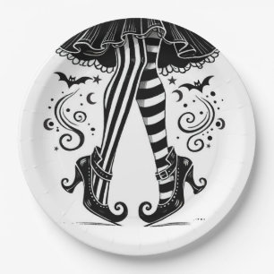 Black & White Witch Legs Whimsical Halloween Party Paper Plate