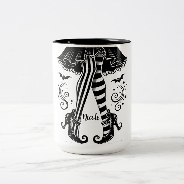 Black & White Witch Legs Whimsical Halloween Party Two-Tone Coffee Mug (Center)