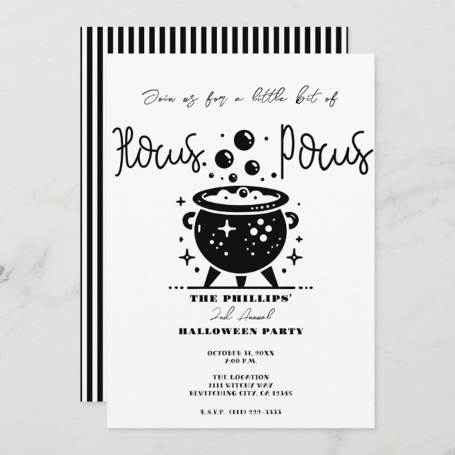 Black & White Witchy Cauldron Halloween Party Invitation (Front/Back)