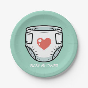 Black & White with a Red Heart Baby Diaper  Paper Plate