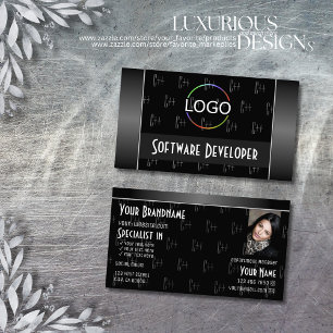 Black White with Logo Photo and Letters Pattern Business Card